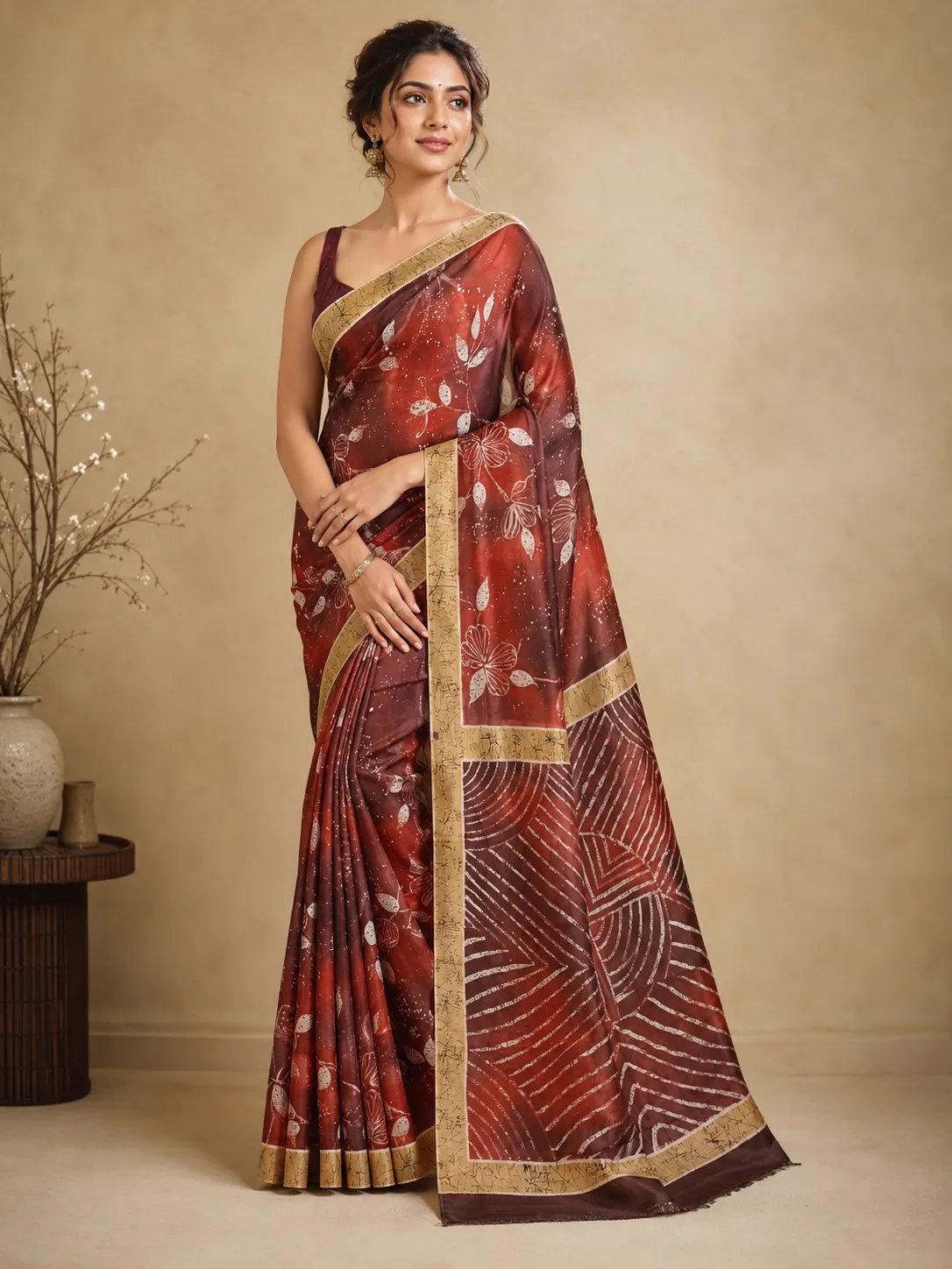 Crimson Flame Wax Batik Saree — handloom Tussar Silk Batik saree by Naholi